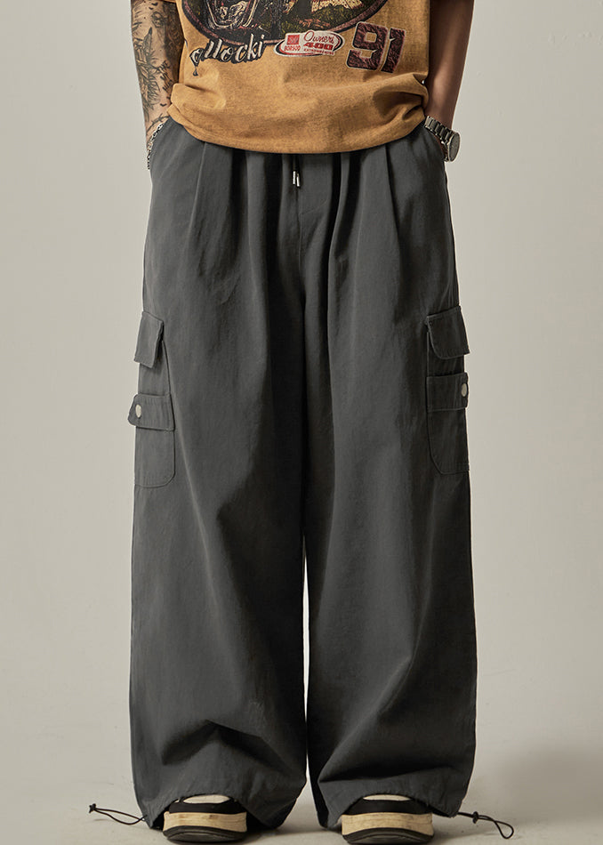 Spring Beam Elastic Waist Pants Grey Cotton Pockets Dark