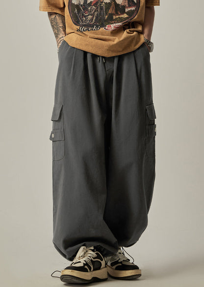 Spring Beam Elastic Waist Pants Grey Cotton Pockets Dark