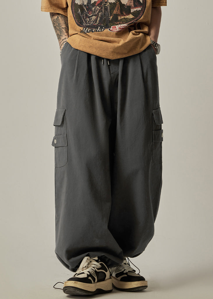 Spring Beam Elastic Waist Pants Grey Cotton Pockets Dark