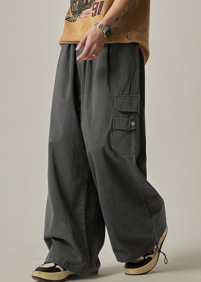 Spring Beam Elastic Waist Pants Grey Cotton Pockets Dark