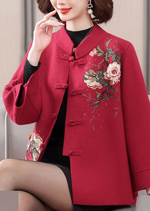 Dark Red Patchwork Button Woolen Coat Spring Ta027