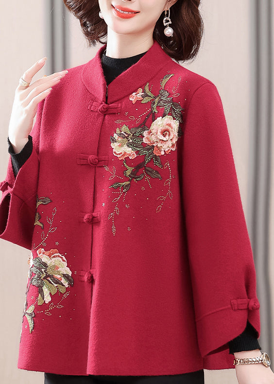 Dark Red Patchwork Button Woolen Coat Spring Ta027