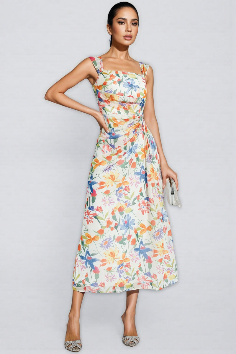 Mylel Orange Flower Waist-cinching Maxi Dress