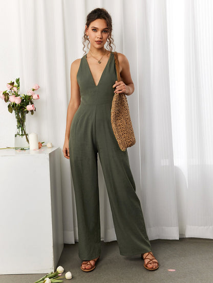 Deep V-neck Crisscross Back Pocket Jumpsuit