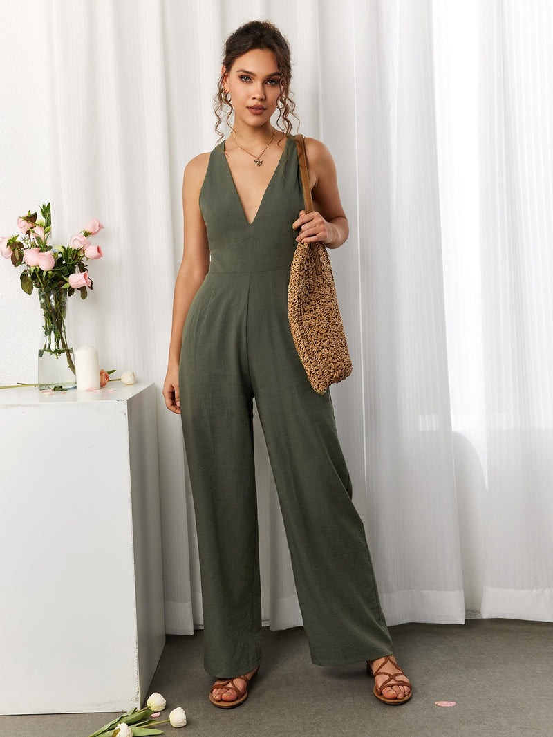 Deep V-neck Crisscross Back Pocket Jumpsuit