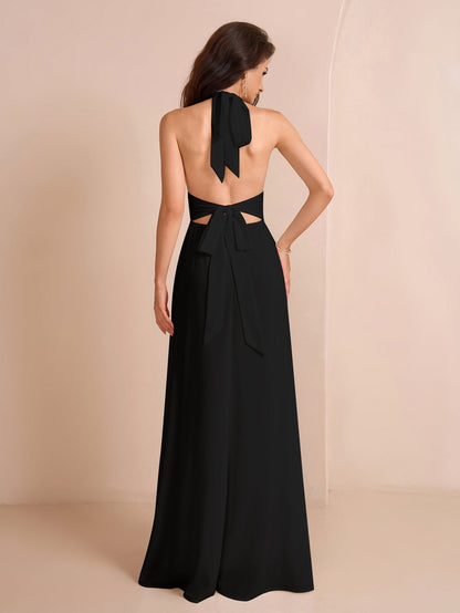 Deep V-neck Halter Bow Tie Back Split Thigh Long Dress