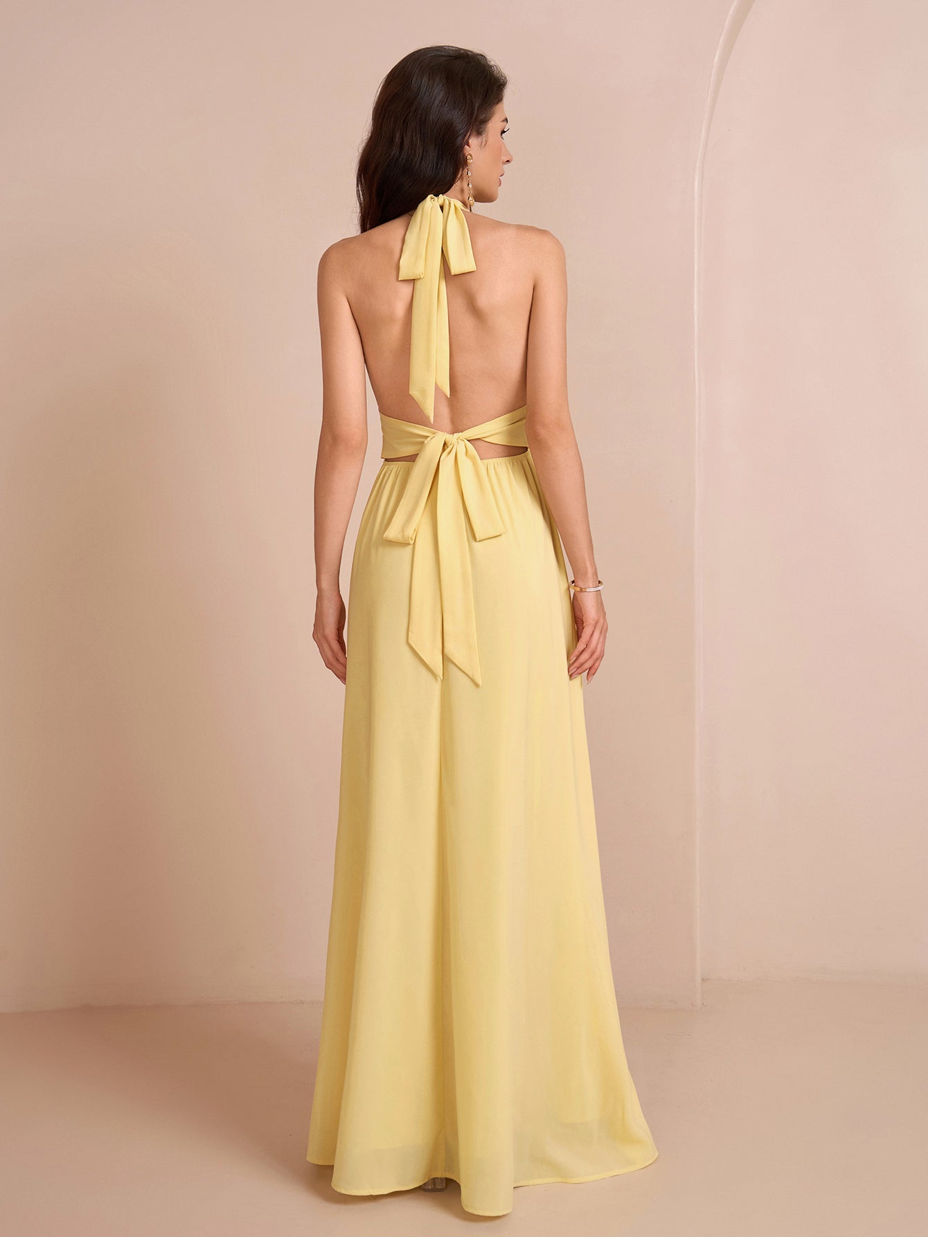 Deep V-neck Halter Bow Tie Back Split Thigh Long Dress