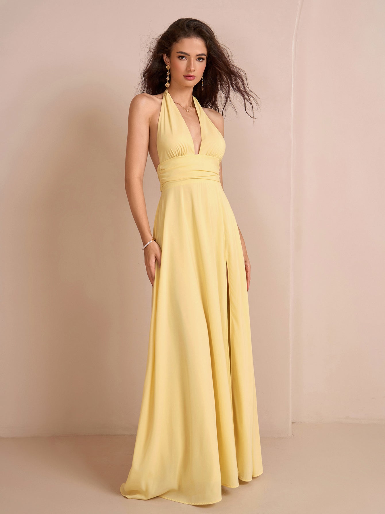 Deep V-neck Halter Bow Tie Back Split Thigh Long Dress
