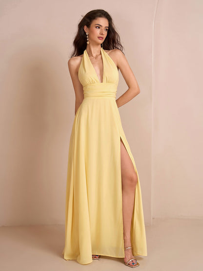 Deep V-neck Halter Bow Tie Back Split Thigh Long Dress