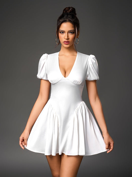 Deep V-neck Puff Sleeve Pleated Satin Dress