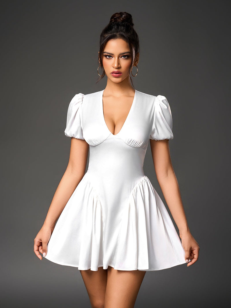 Deep V-neck Puff Sleeve Pleated Satin Dress