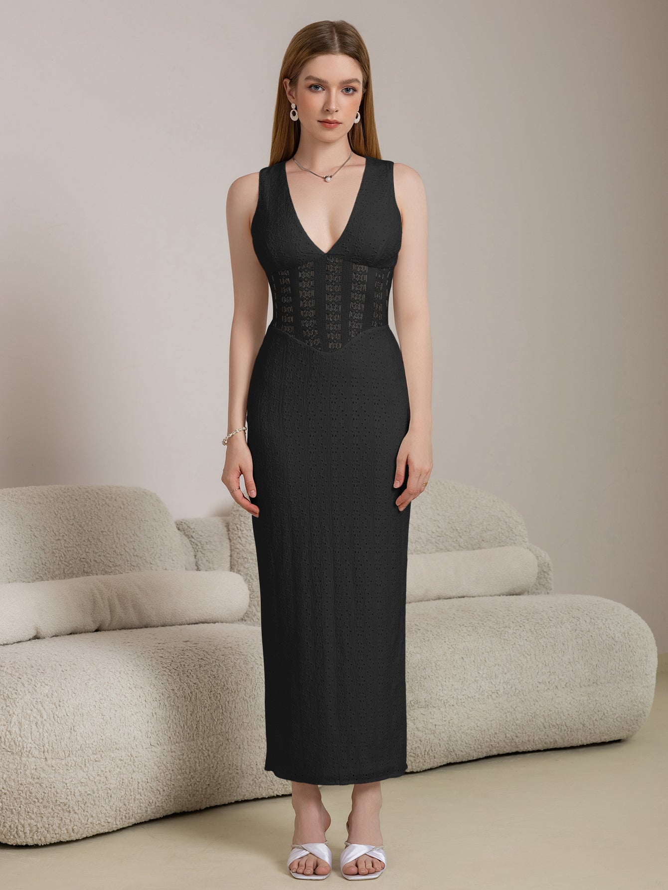 Deep V-neck Split Thigh Jacquard Lace Dress