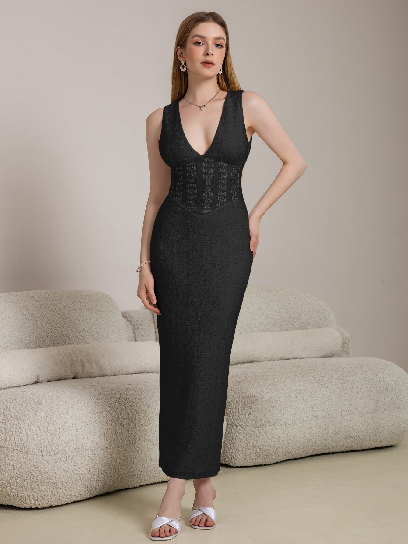 Deep V-neck Split Thigh Jacquard Lace Dress
