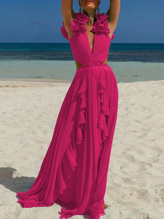 Deep V Red Cutout One Piece Swimsuit and Skirt