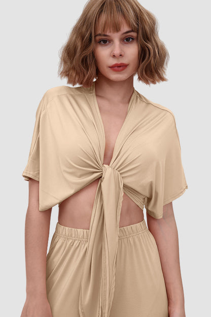 Deep V-neck Top & Elastic Wide Leg Pants