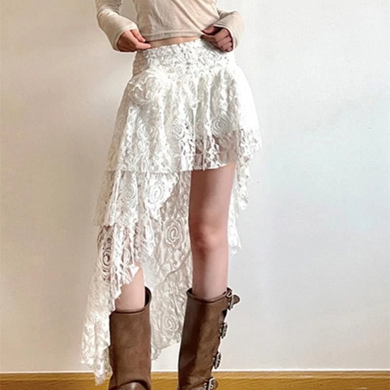 Dressbetty - Lace Irregular Layered Street Summer Mid Skirt