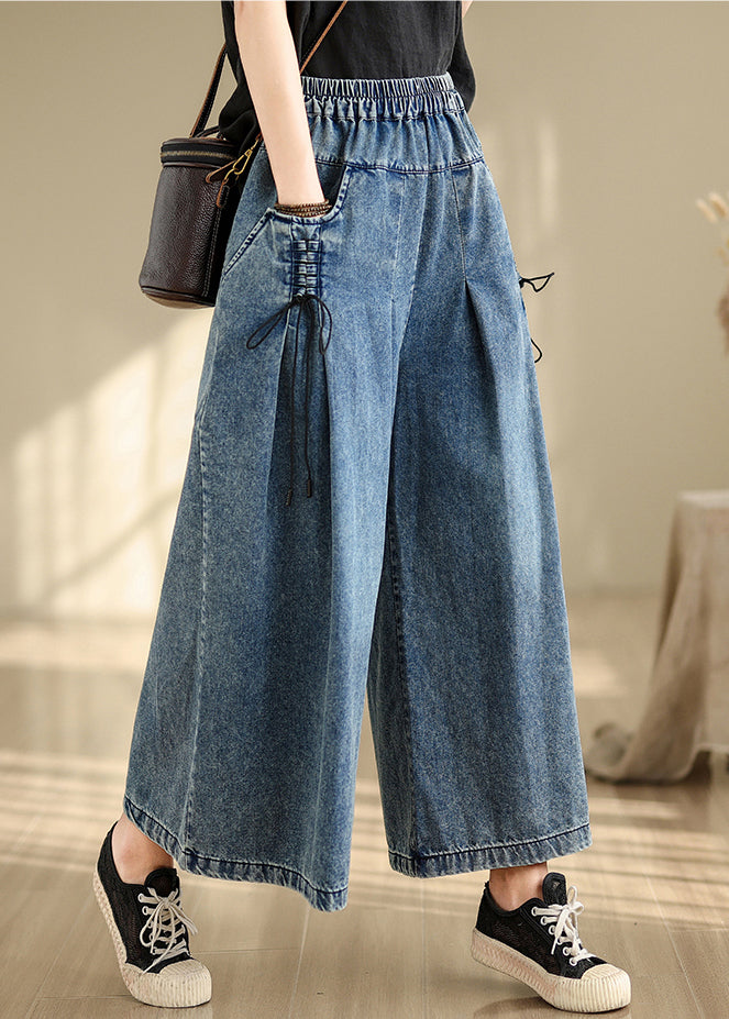 Blue Summer Cross Pants Denim Wide Leg Wrinkled Strap