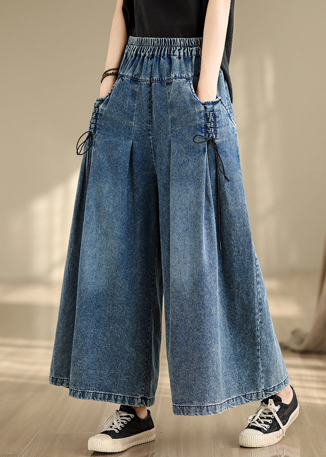 Blue Summer Cross Pants Denim Wide Leg Wrinkled Strap