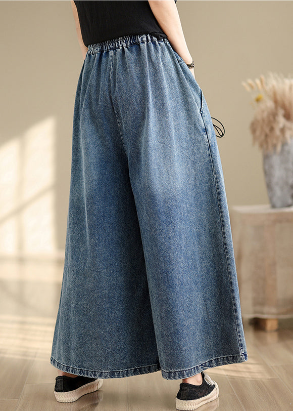 Blue Summer Cross Pants Denim Wide Leg Wrinkled Strap