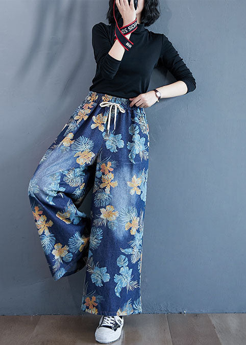 Denim Blue Print Cotton Wide Leg Pants Elastic Waist Spring Ly1504