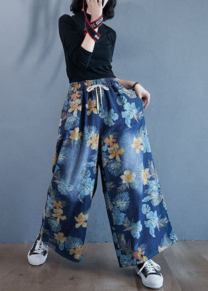 Denim Blue Print Cotton Wide Leg Pants Elastic Waist Spring Ly1504