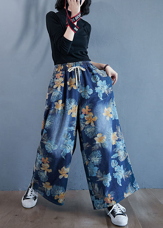 Denim Blue Print Cotton Wide Leg Pants Elastic Waist Spring Ly1504