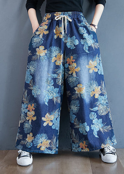 Denim Blue Print Cotton Wide Leg Pants Elastic Waist Spring Ly1504