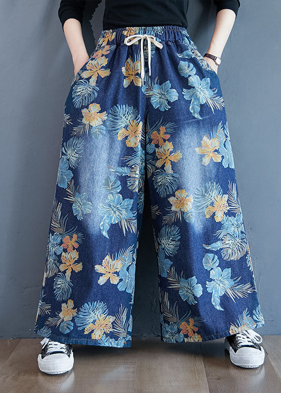 Denim Blue Print Cotton Wide Leg Pants Elastic Waist Spring Ly1504