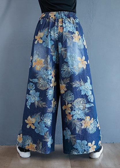 Denim Blue Print Cotton Wide Leg Pants Elastic Waist Spring Ly1504