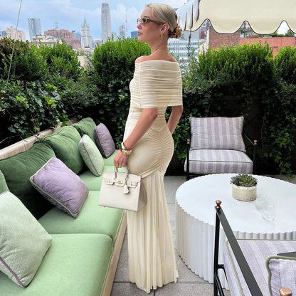 Michaela | Maternity Off-shoulder Pleated Mesh Maxi Dress