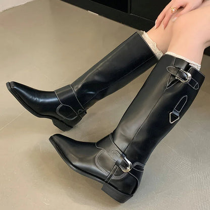 Designer Shoes Western Slip on Pointed Toe Flats Knee High Boots