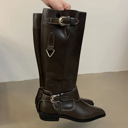 Designer Shoes Western Slip on Pointed Toe Flats Knee High Boots