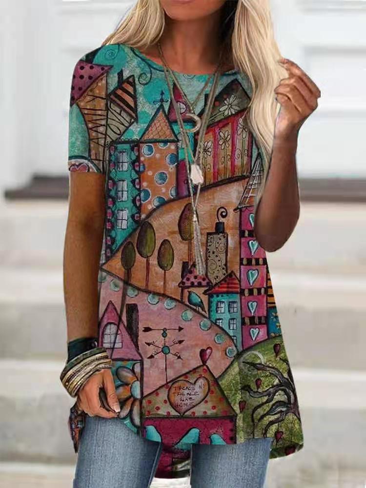Digital Printed Blouse Short Sleeve Loose Shirt Lady Pullover Shirt