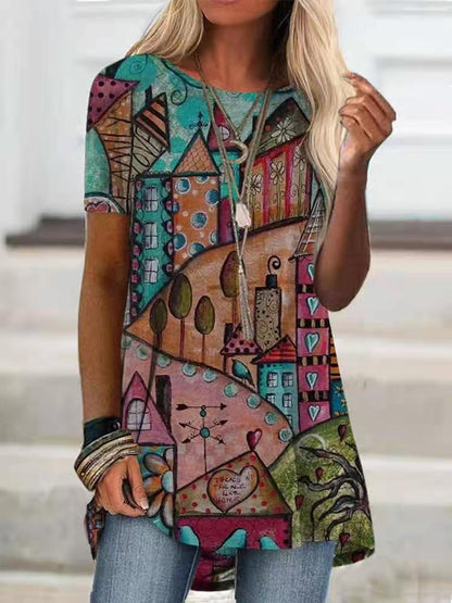 Digital Printed Blouse Short Sleeve Loose Shirt Lady Pullover Shirt