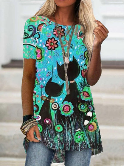 Digital Printed Blouse Short Sleeve Loose Shirt Lady Pullover Shirt