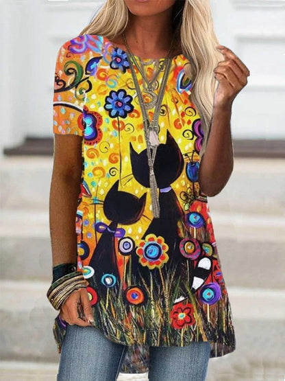 Digital Printed Blouse Short Sleeve Loose Shirt Lady Pullover Shirt