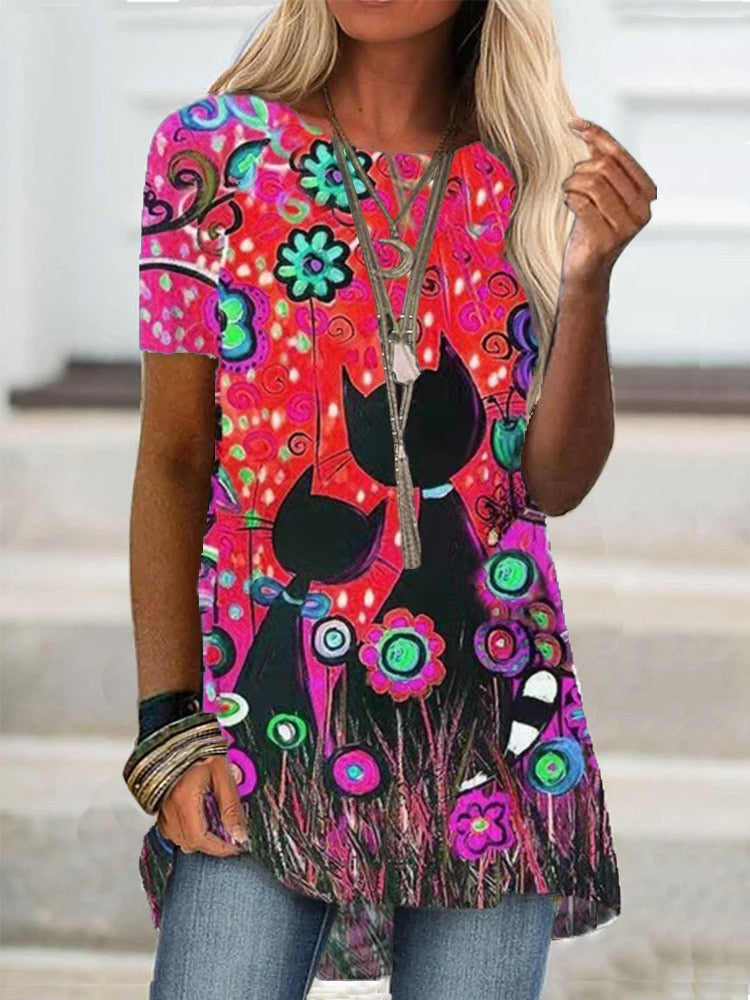 Digital Printed Blouse Short Sleeve Loose Shirt Lady Pullover Shirt