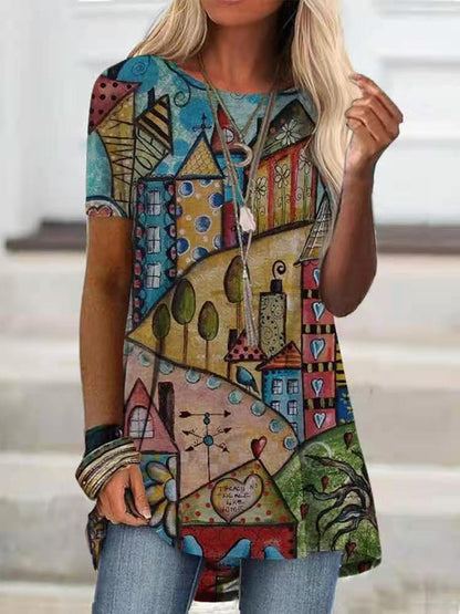 Digital Printed Blouse Short Sleeve Loose Shirt Lady Pullover Shirt