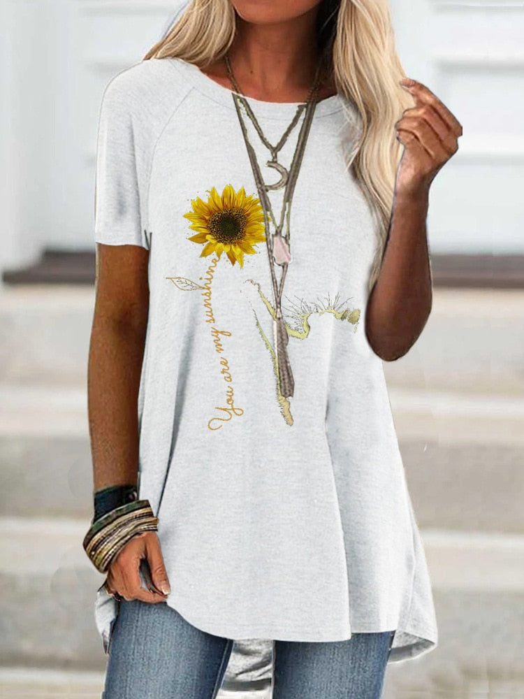 Digital Printed Blouse Short Sleeve Loose Shirt Lady Pullover Shirt