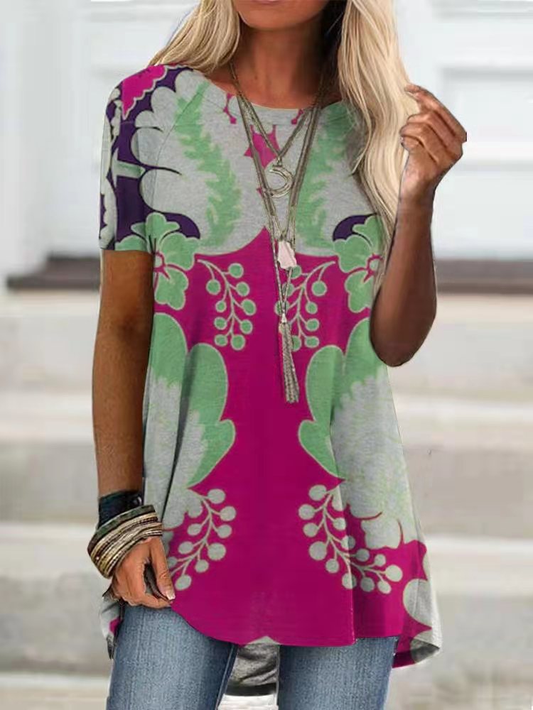 Digital Printed Blouse Short Sleeve Loose Shirt Lady Pullover Shirt