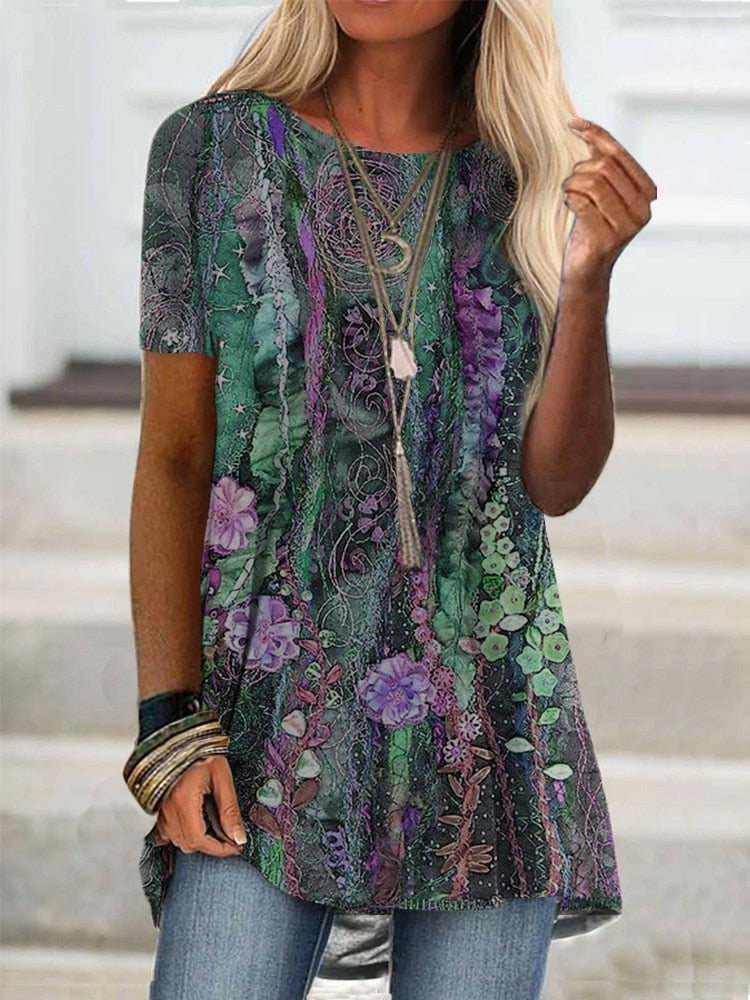 Digital Printed Blouse Short Sleeve Loose Shirt Lady Pullover Shirt