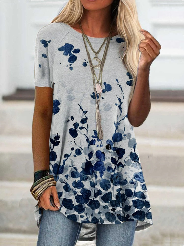 Digital Printed Blouse Short Sleeve Loose Shirt Lady Pullover Shirt