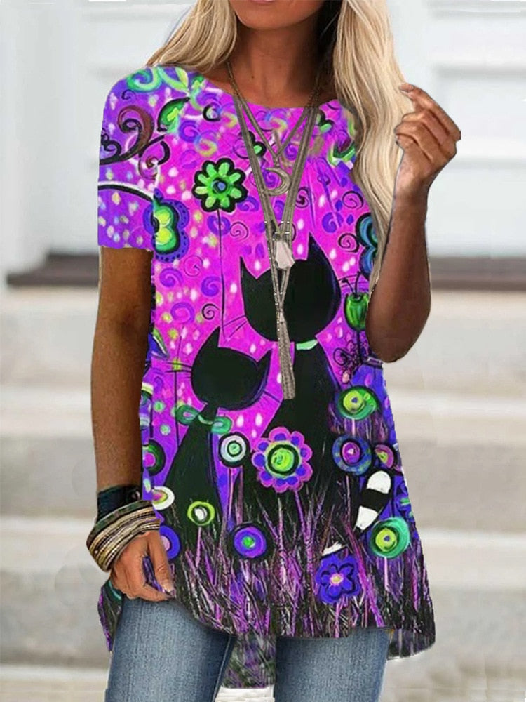 Digital Printed Blouse Short Sleeve Loose Shirt Lady Pullover Shirt