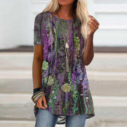 Digital Printed Blouse Short Sleeve Loose Shirt Lady Pullover Shirt
