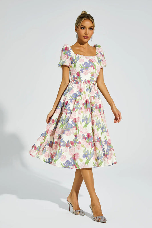 Dinah Pink Flower Puff Sleeves Midi Dress