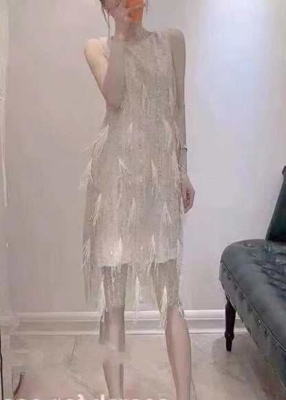 Dinner Beige O-neck Tassel Lace Maxi Dresses Summer Uu1041