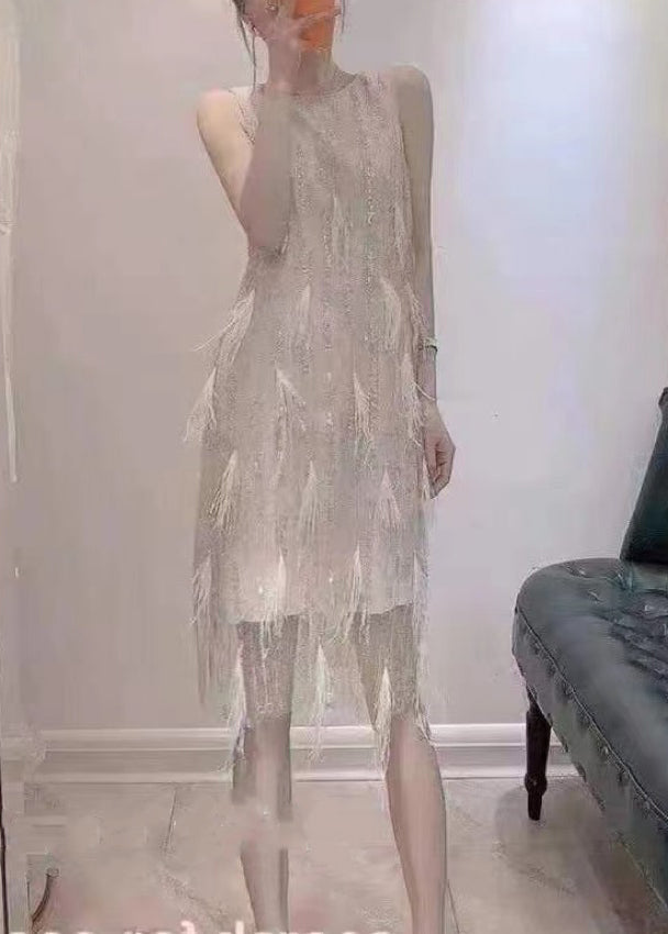 Dinner Beige O-neck Tassel Lace Maxi Dresses Summer Uu1041
