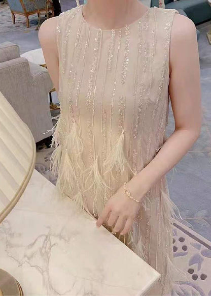 Dinner Beige O-neck Tassel Lace Maxi Dresses Summer Uu1041