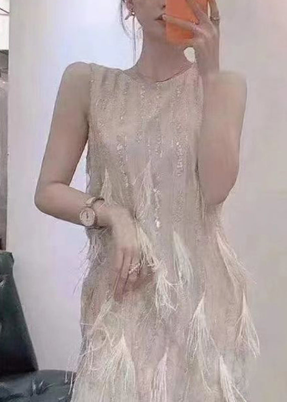 Dinner Beige O-neck Tassel Lace Maxi Dresses Summer Uu1041