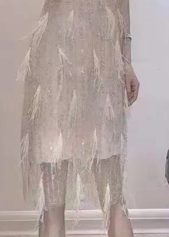 Dinner Beige O-neck Tassel Lace Maxi Dresses Summer Uu1041